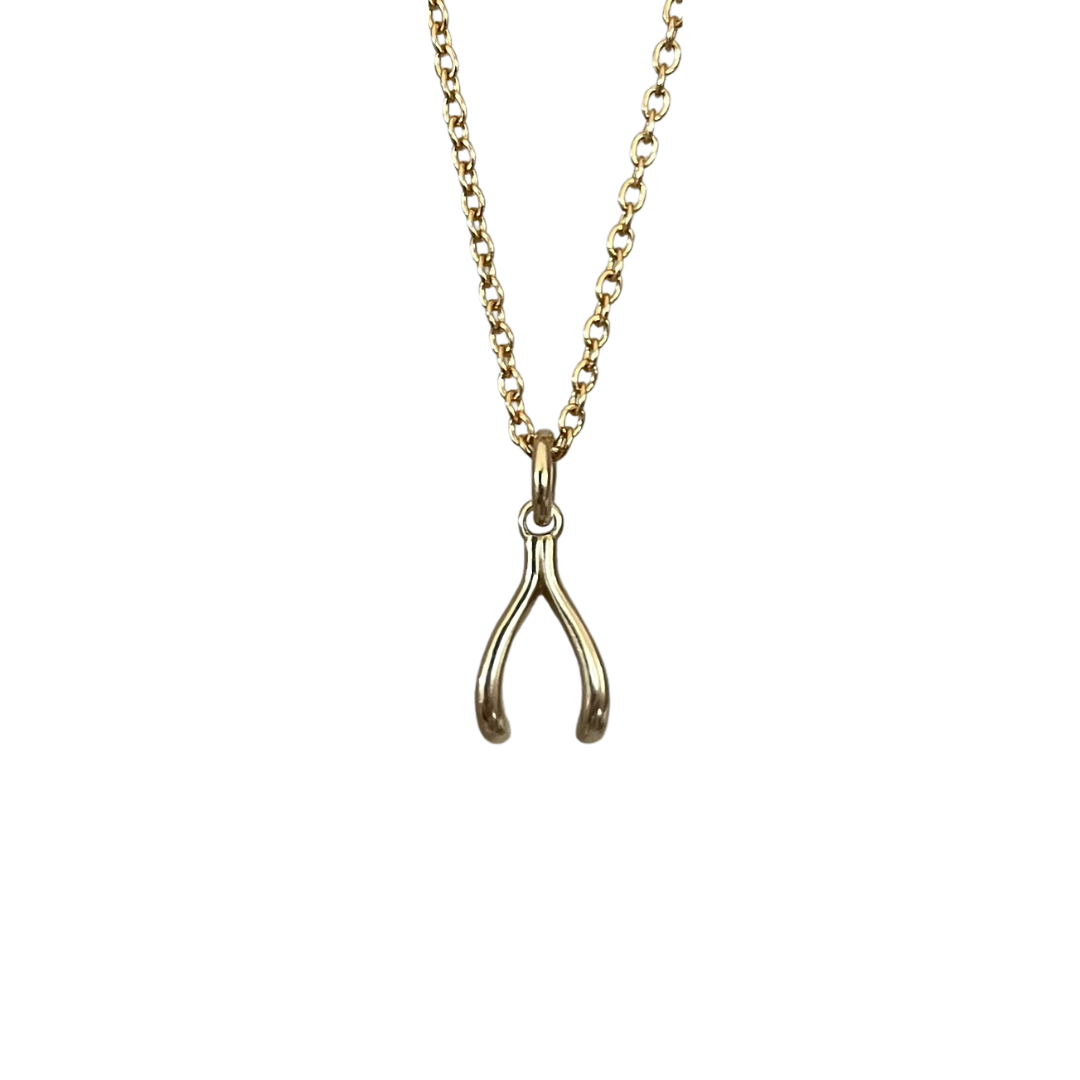 A 14k gold wishbone necklace charm hanging from a gold chain.