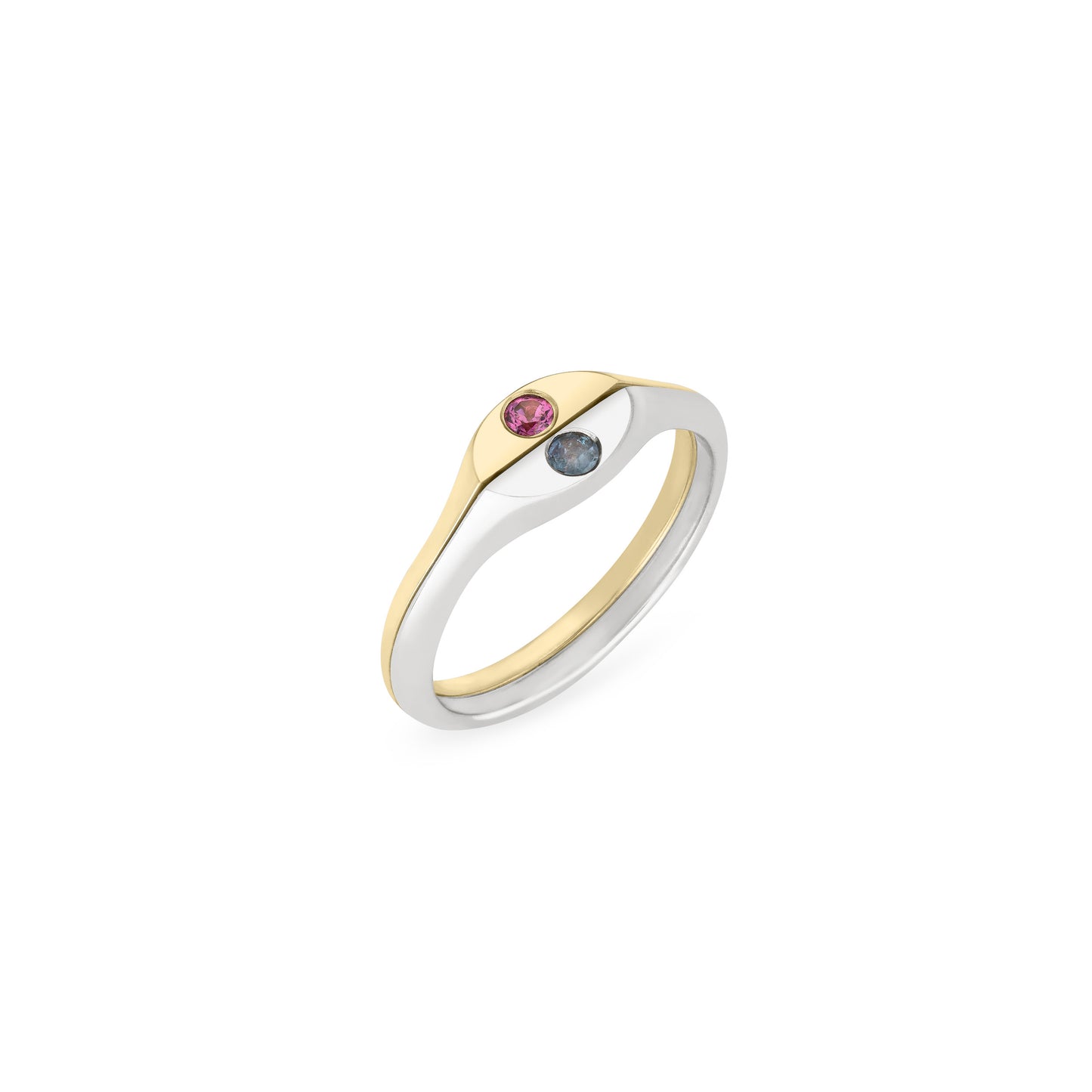 Half solid 14k gold and half sterling silver ring with two flush-set birthstones angled on a white background