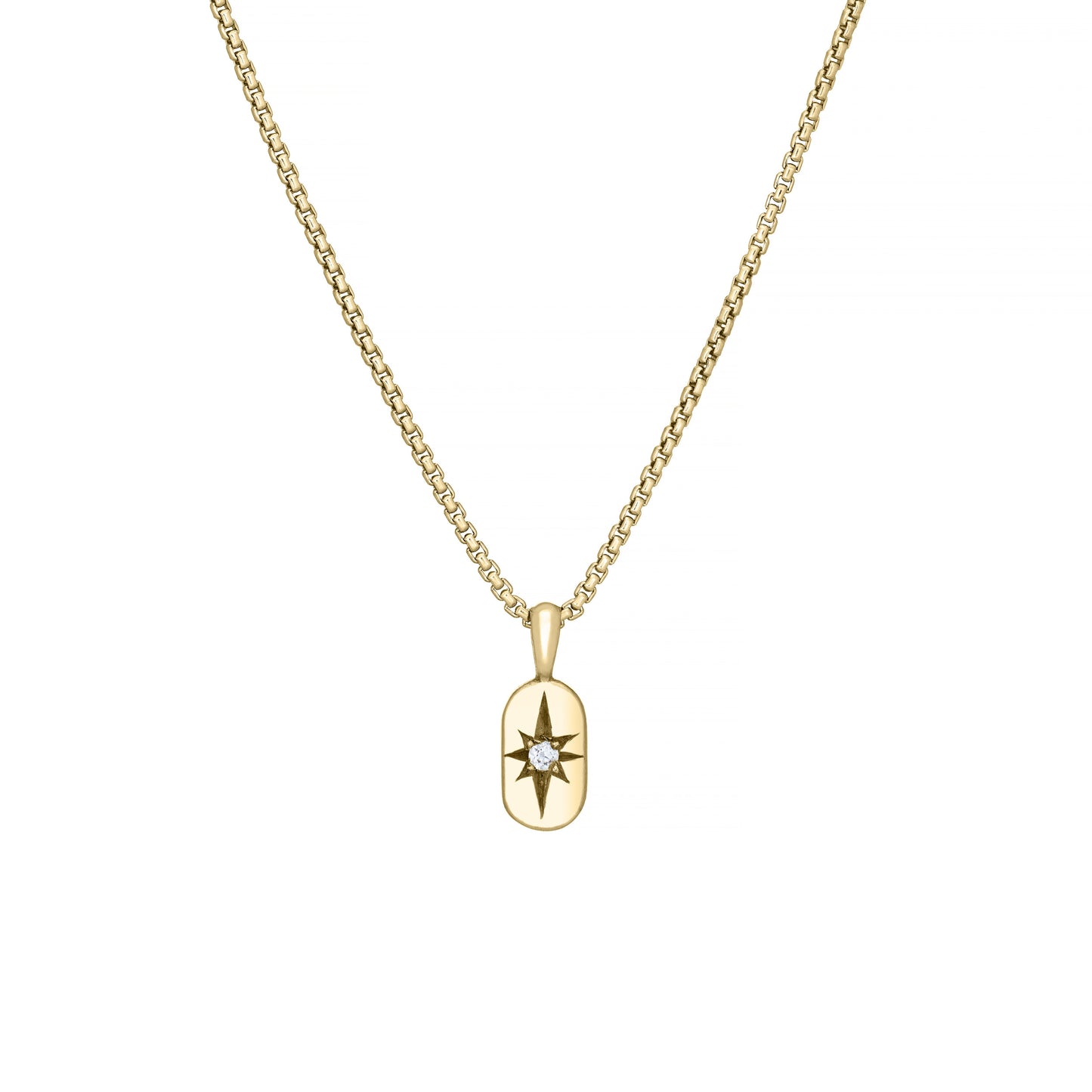 Solid 14k gold pendant with a star-set gemstone on a gold chain with a white background