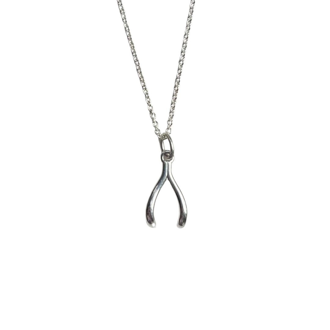 A sterling silver wishbone charm necklace on a chain against a black background.