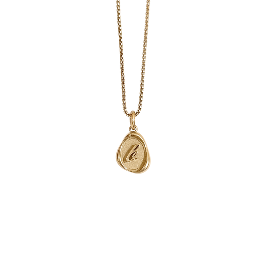 Solid 14k gold charm necklace with custom initial on white background