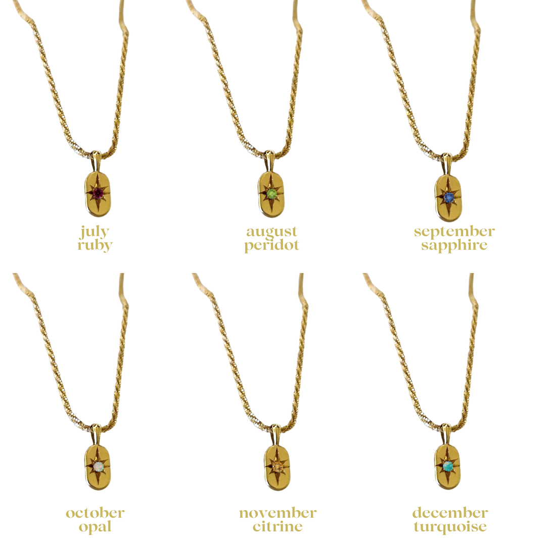 Mini stone 14k gold charm with birthstones July–December: ruby, peridot, sapphire, opal, citrine, turquoise.
