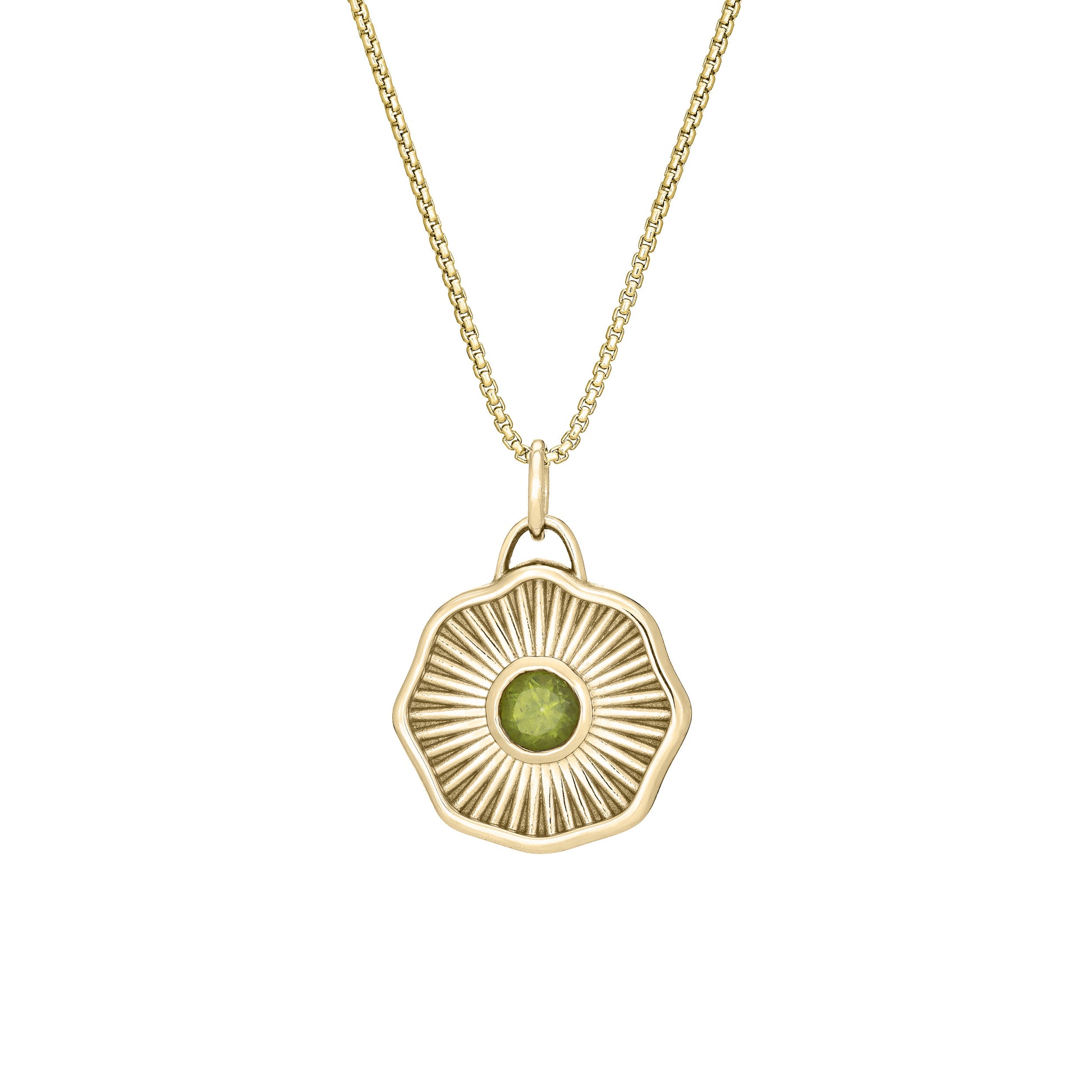 Solid 14k gold necklace with a green gemstone pendant on a white background