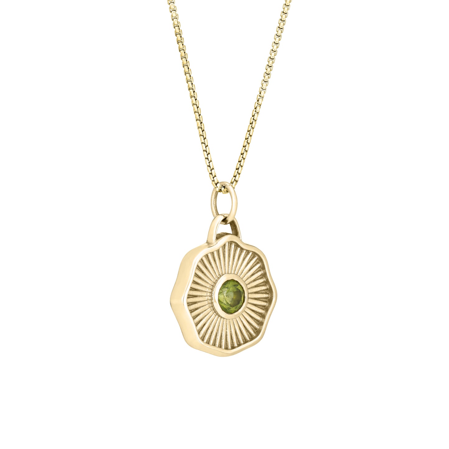Solid 14k gold necklace with a green gemstone pendant on a white background