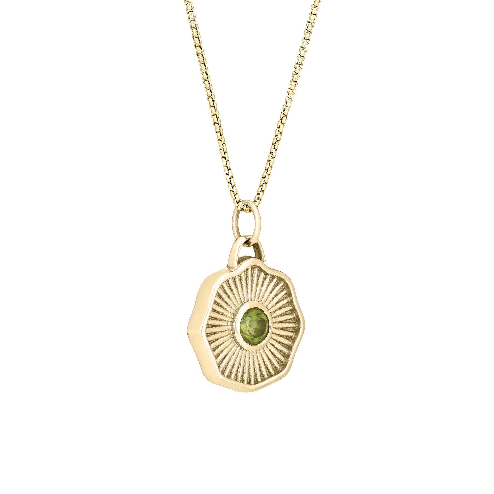 Solid 14k gold necklace with a green gemstone pendant on a white background