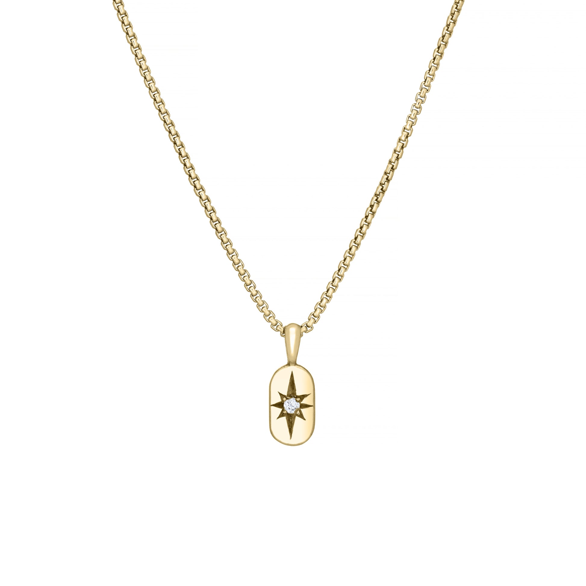 Solid 14k gold pendant with a star-set gemstone on a gold chain with a white background