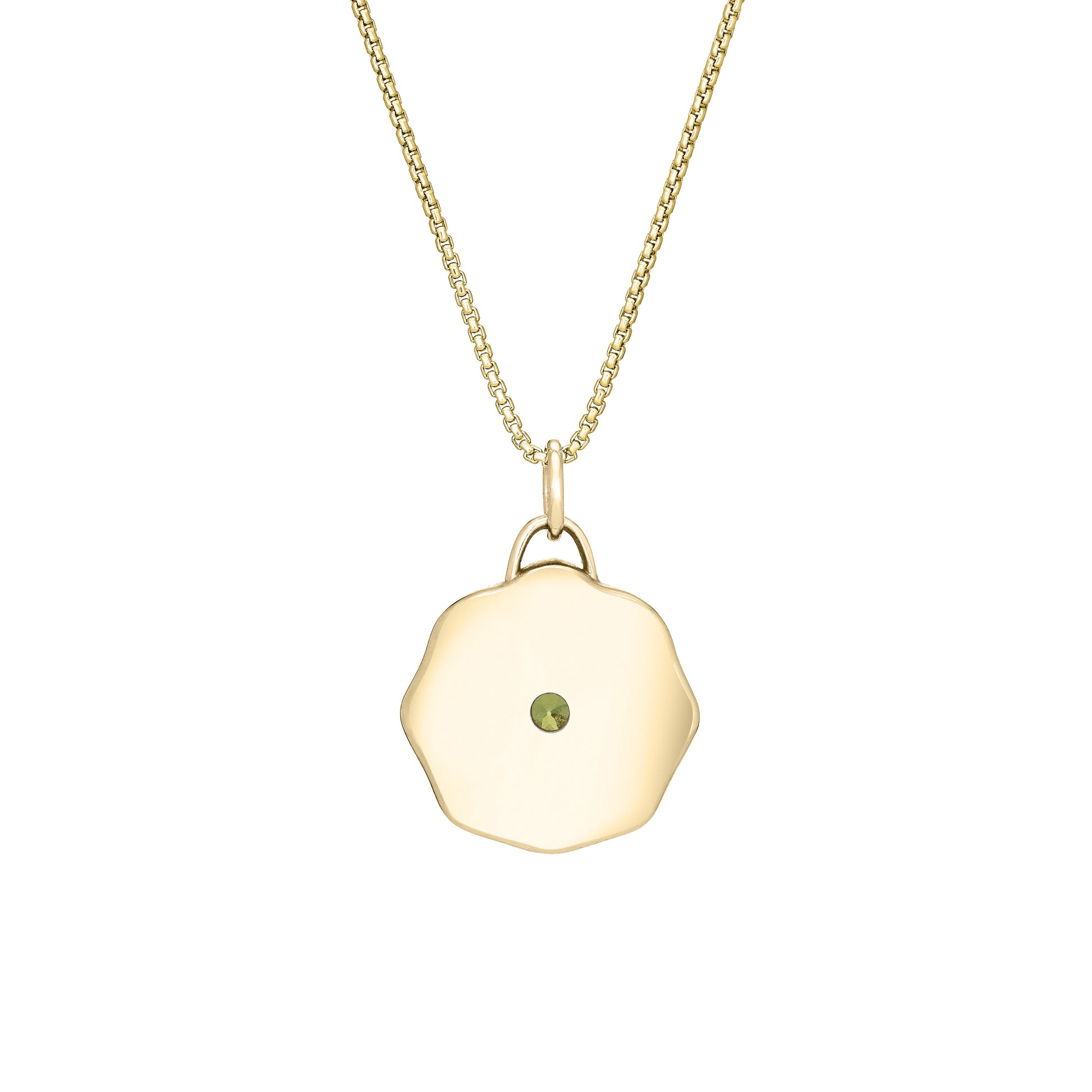 Solid 14k gold necklace with a green gemstone pendant on a white background