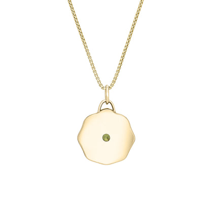 Solid 14k gold necklace with a green gemstone pendant on a white background