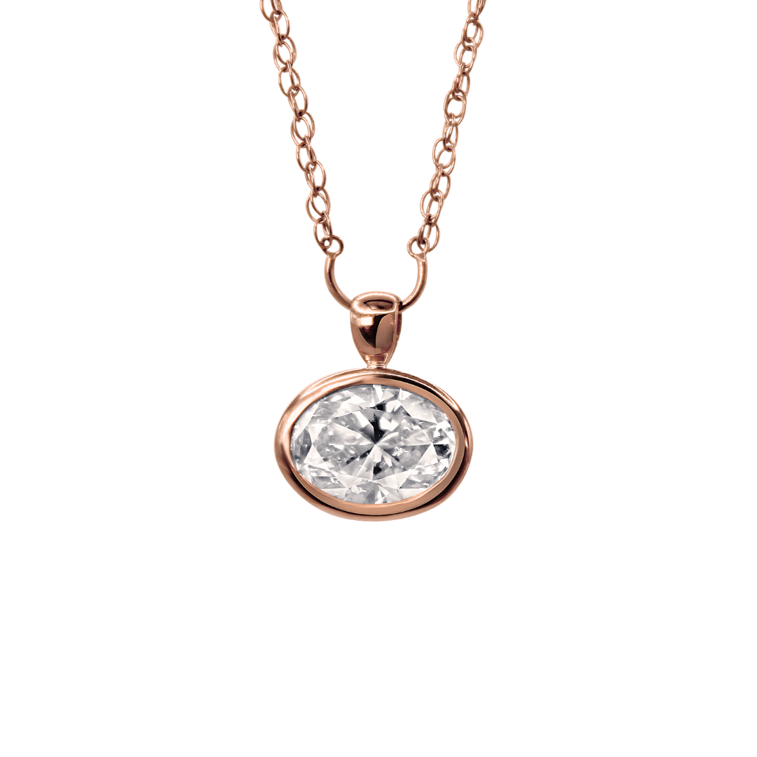 Rose gold necklace with a diamond pendant on a white background
