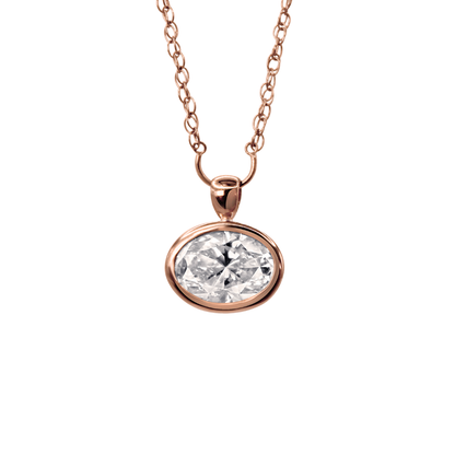 Rose gold necklace with a diamond pendant on a white background